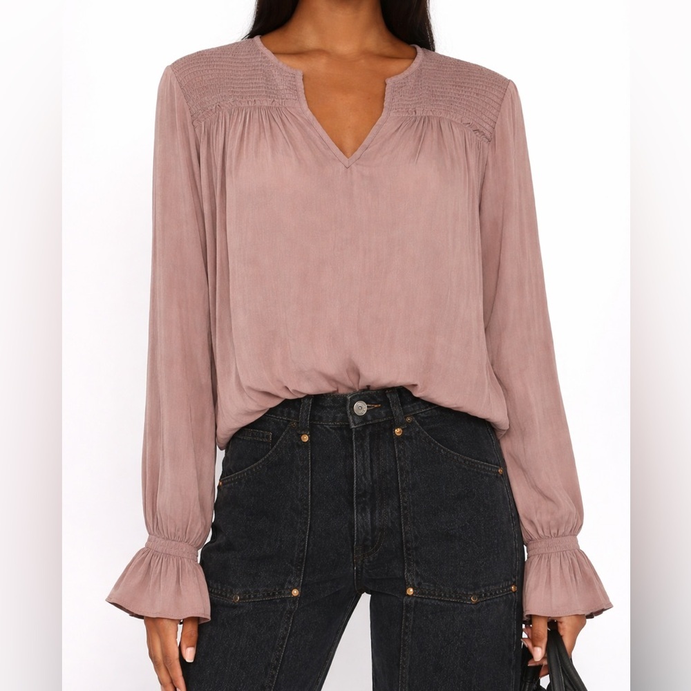 Women’s Smocked Long Sleeve Pink Blouse Ruffle Casual V Neck Date Career Office